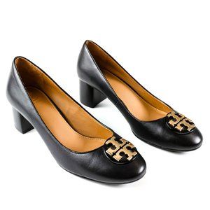 Tory Burch Janey Black Leather Block Heel Pump w/Metal Logo Medallion Sz 7.5
